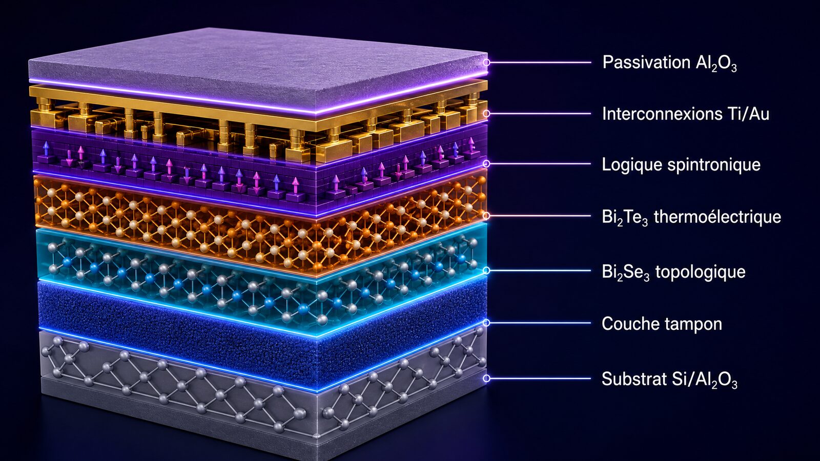 Coupe transversale 3D d'un processeur au bismuth montrant les couches : substrat, Bi₂Se₃ topologique, Bi₂Te₃ thermoélectrique, spintronique, interconnexions Ti/Au, passivation Al₂O₃